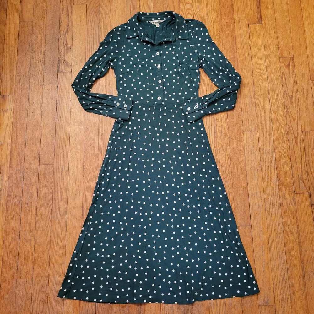 Boden 2R Shirt Dress Green Polka Dot Long Sleeve Midi LAURA Retro Coquette